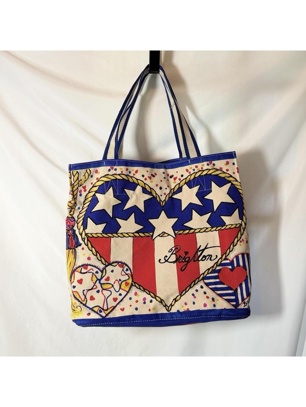 Brighton STAR SPANGLED HEARTS USA Patriotic Canvas Shopper Tote Beach Bag